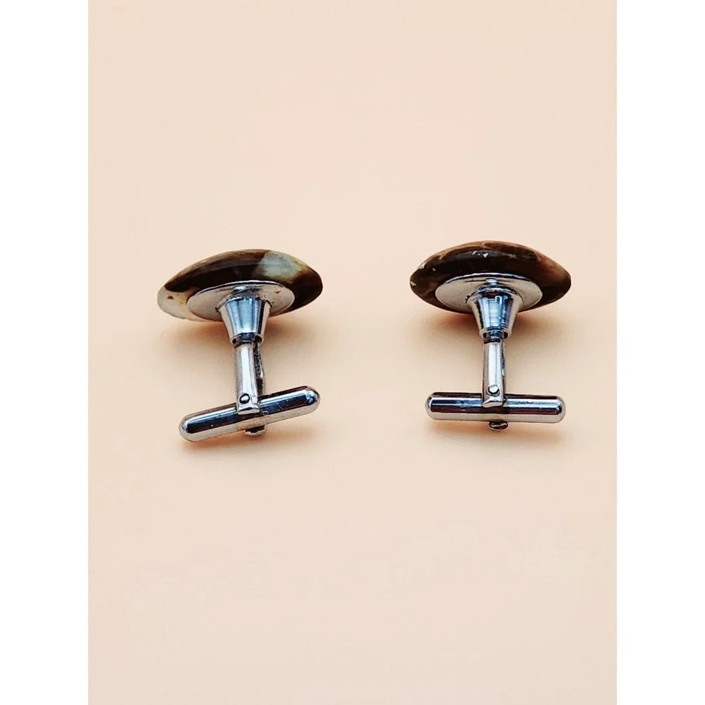 Vtg AGATE W/ FOSSILS‎ Cabochon Men's Tie Bar Clip & Cufflinks Set FREE $HIPPING!